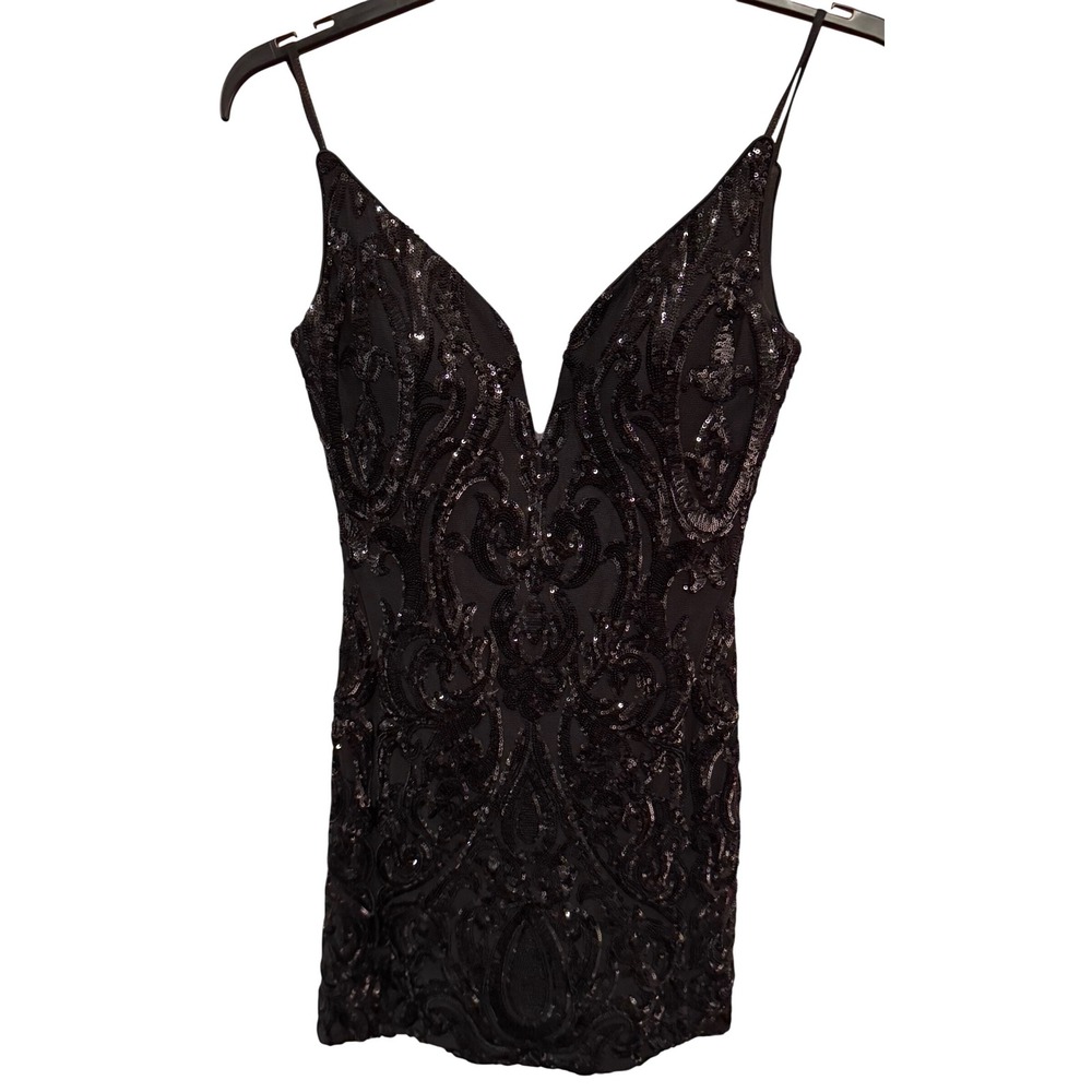 Black Beaded Mini Dress‎ V Neck Sleeveless Party Cocktail Women's 6 Bodycon